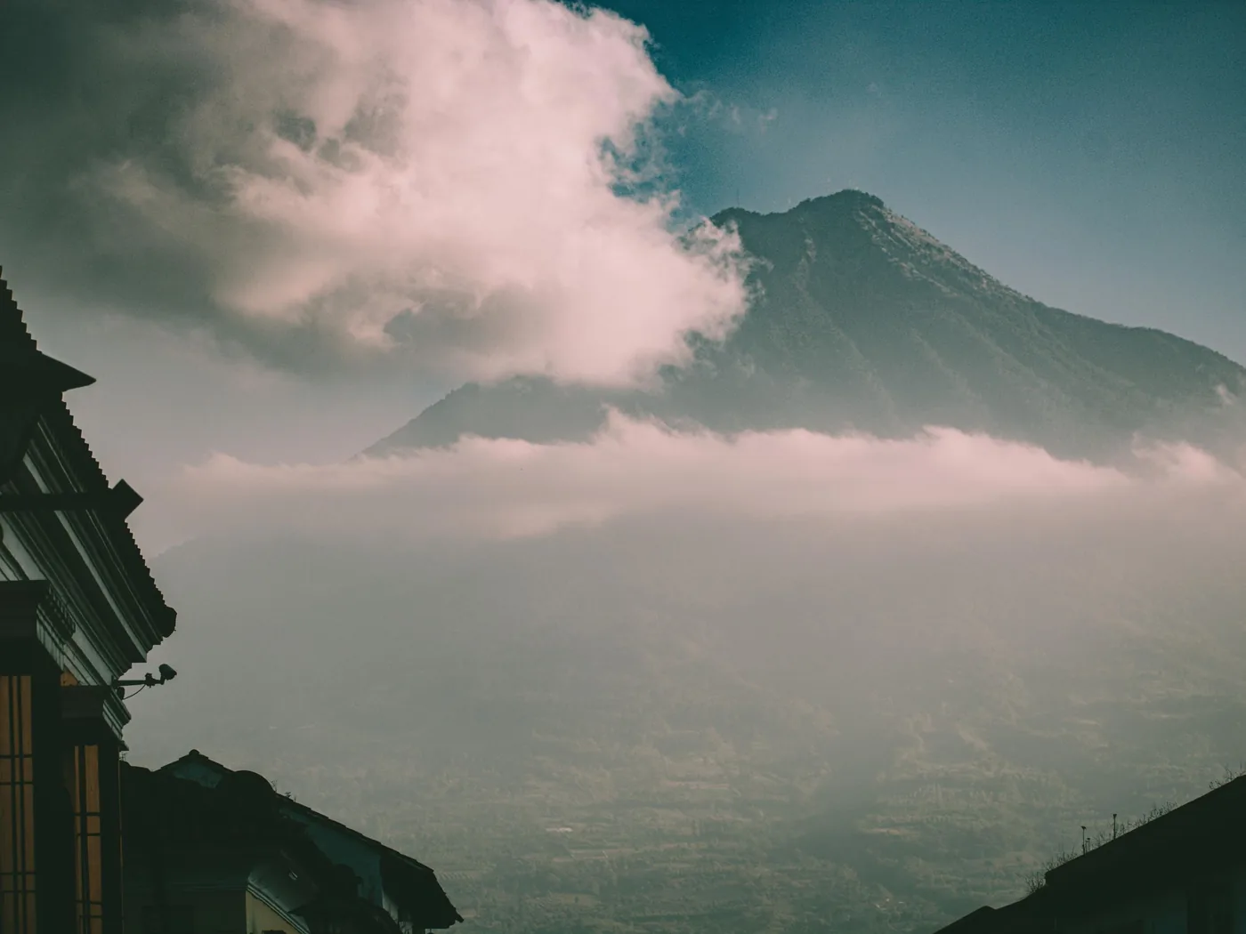 Panoramic view of the volcanoes Agua, Fuego and Acatenango from Pacaya